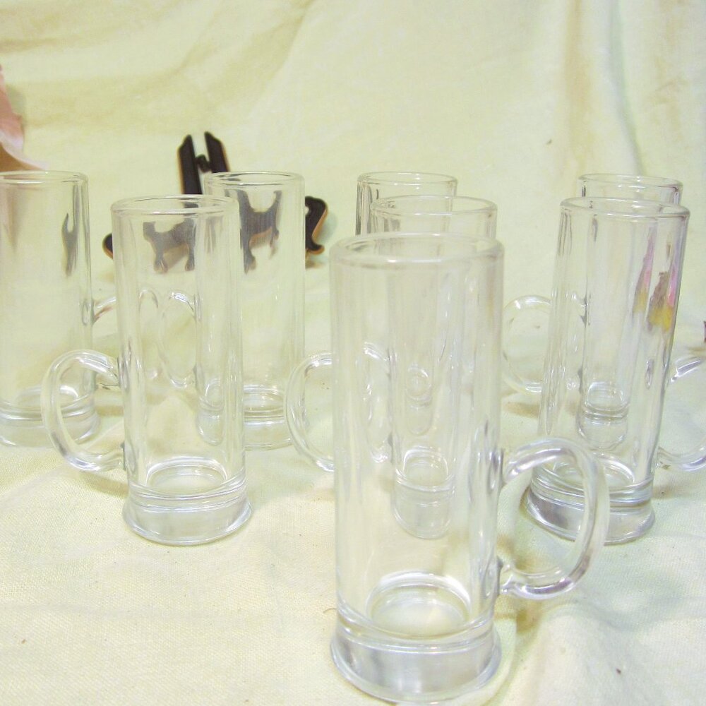 UNIQUE VTG SHOT GLASSES SET OF 8 CLEAR, TALL W/HANDLE